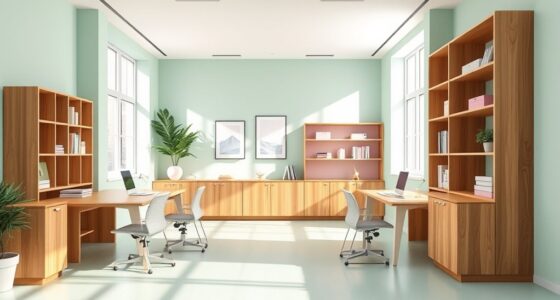 pastel and wood office decor