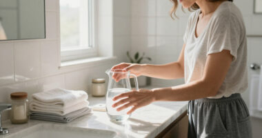 I Put A Glass Pitcher In My Bathroom, And It’s The Chicest Storage Trick